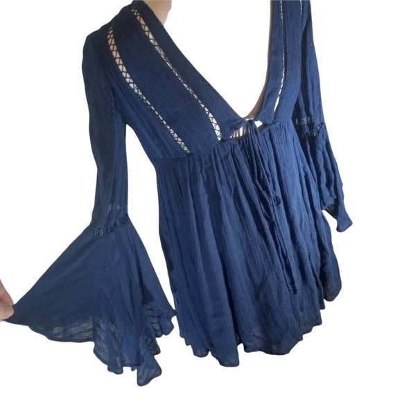 Free People Blue Bell Sleeve V Neck Peasant Dress - Picture 5 of 7